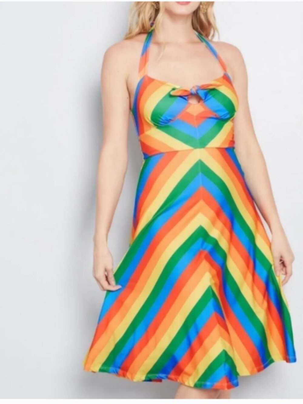 ModCloth It's Only Bright Rainbow Stripe Halter Midi Dress 1X Retro Knit